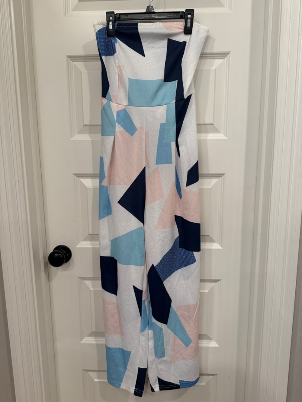Geometric Print Strapless Jumpsuit in Navy, Light Blue & Blush